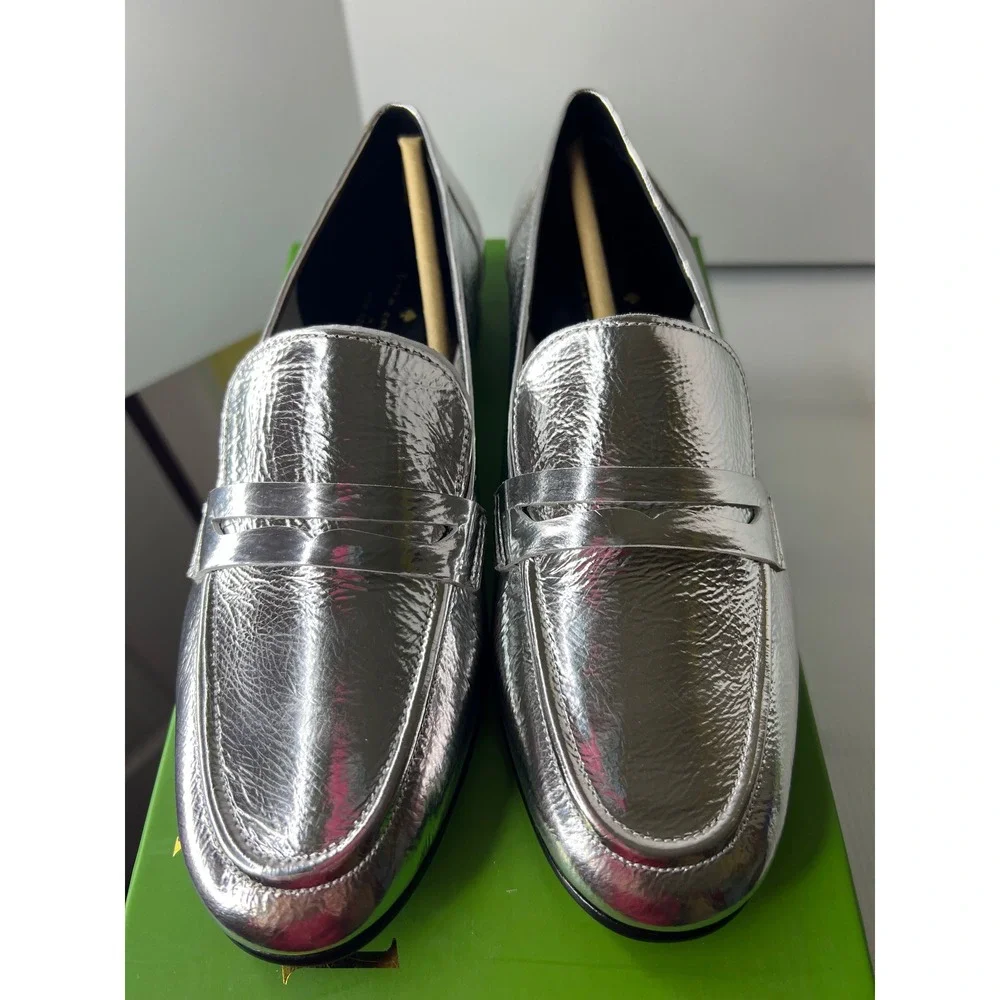 Kate Spade Silver Metallic‎ Leather Genevieve Loafers Almond Toe Flats 6.5M Box